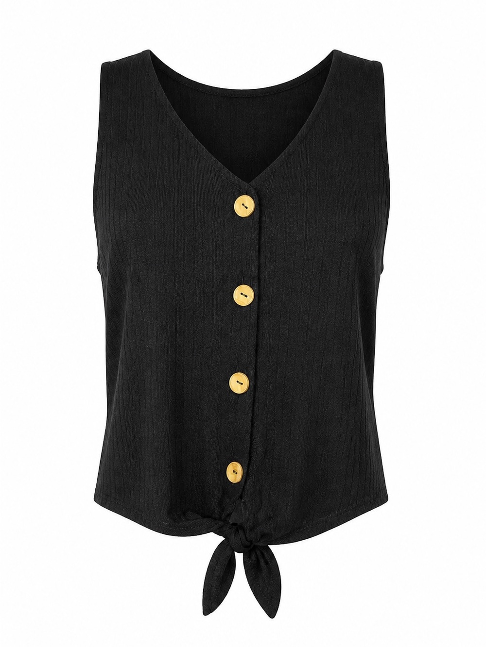 Elodie - Cozy Soft Black Ribbed Button-Front Tie-Hem Tank Casual Fun